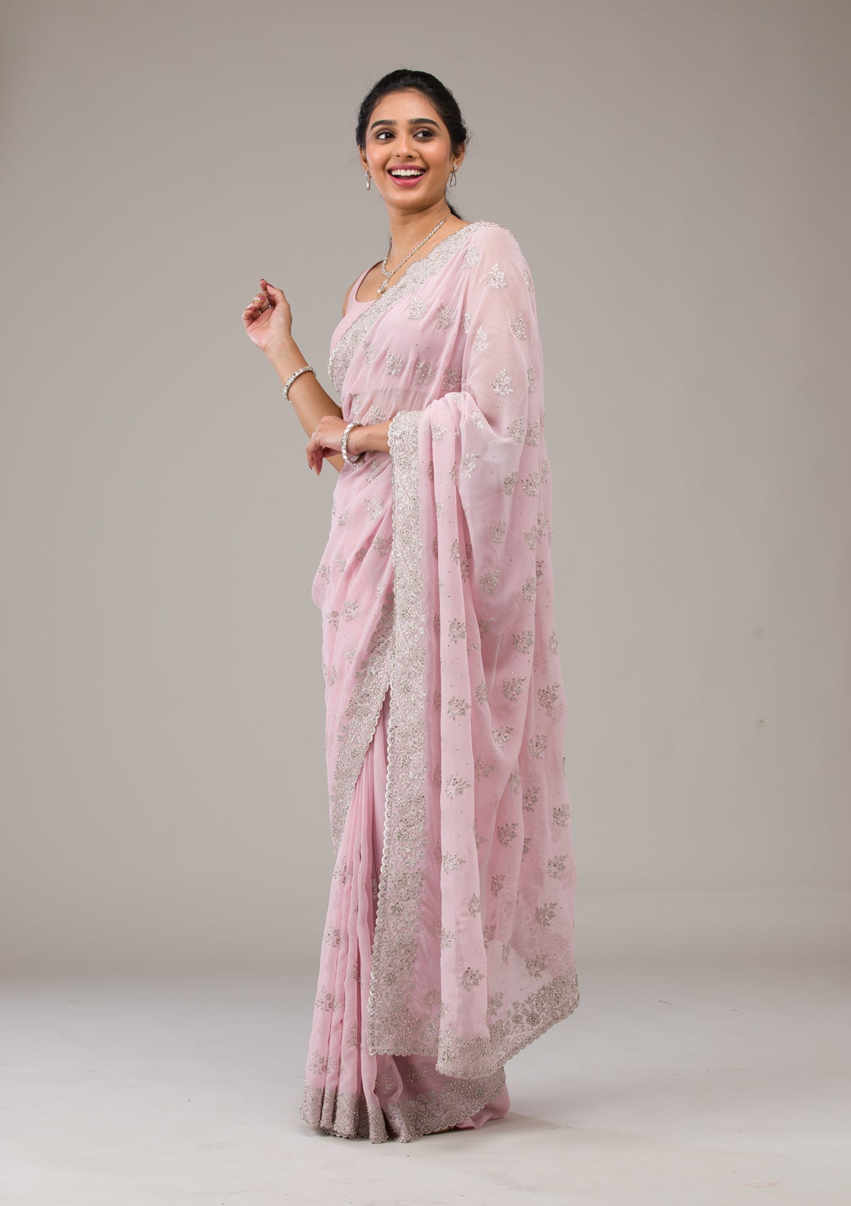 Baby Pink Silver Stonework Georgette Saree-Koskii
