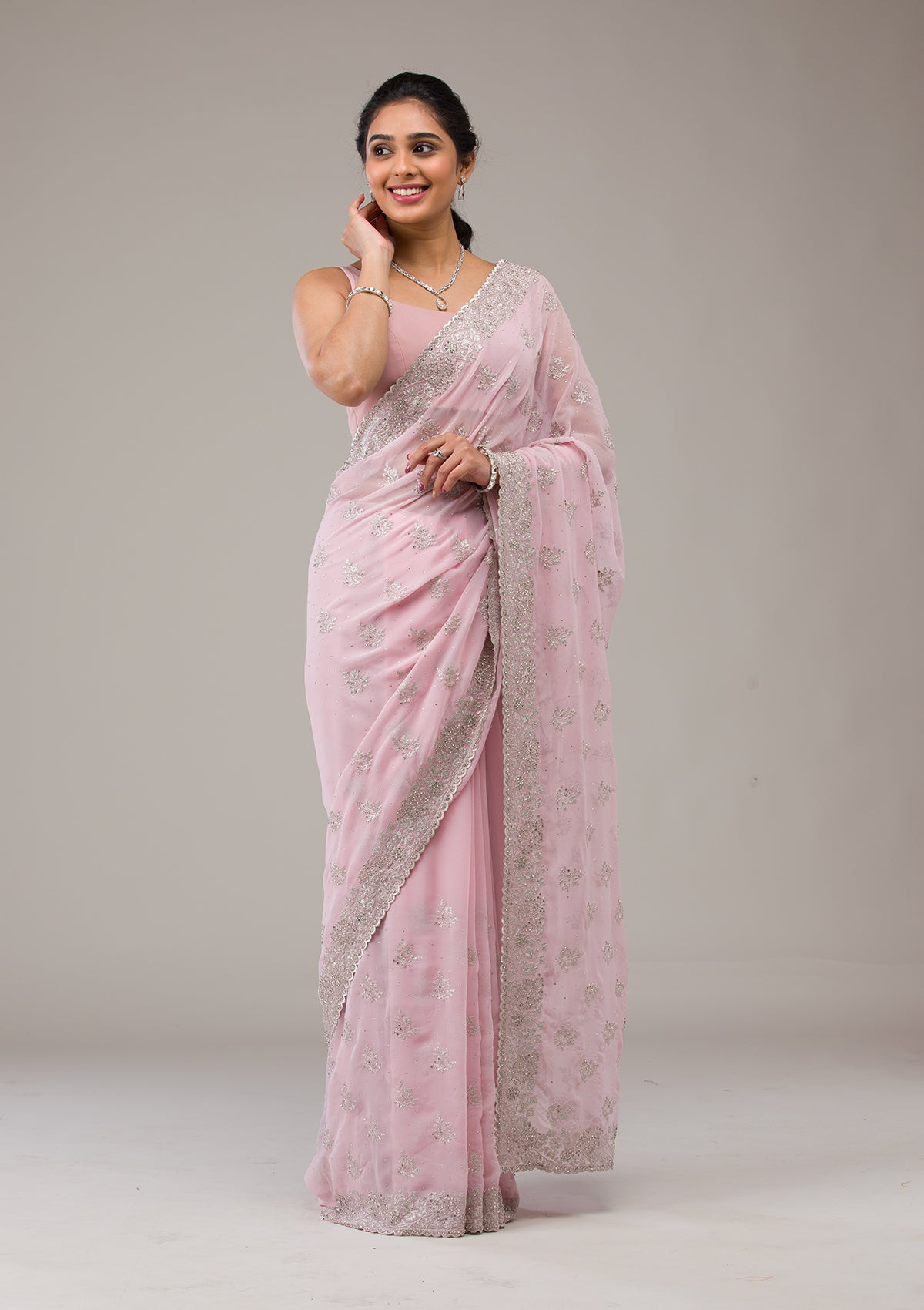 Baby Pink Silver Stonework Georgette Saree-Koskii