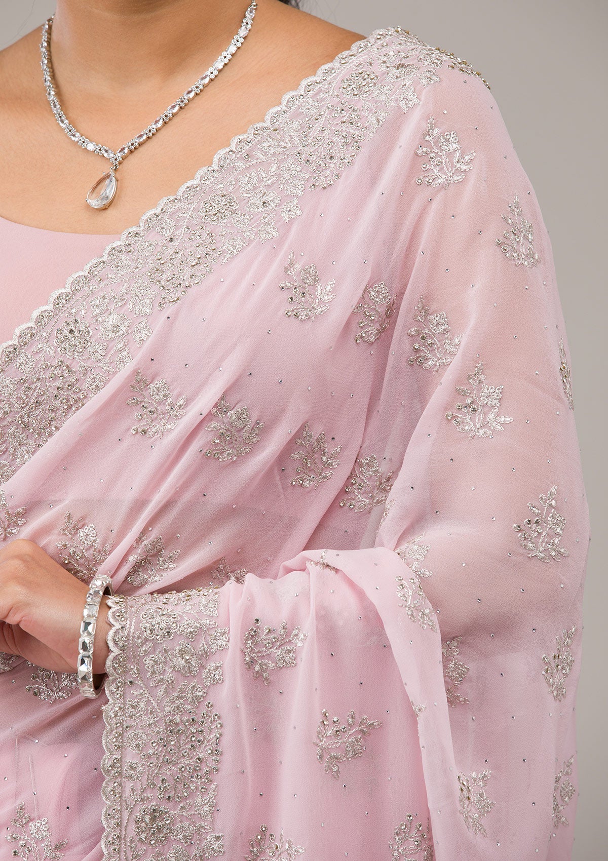 Baby Pink Silver Stonework Georgette Saree-Koskii