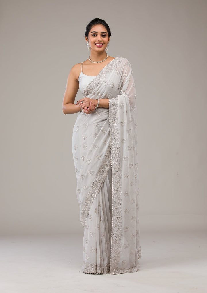 Light Grey Silver Stonework Georgette Saree-Koskii