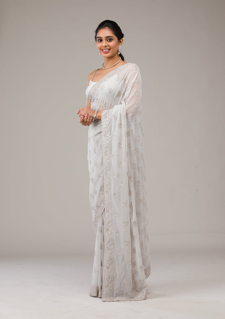 Light Grey Silver Stonework Georgette Saree-Koskii