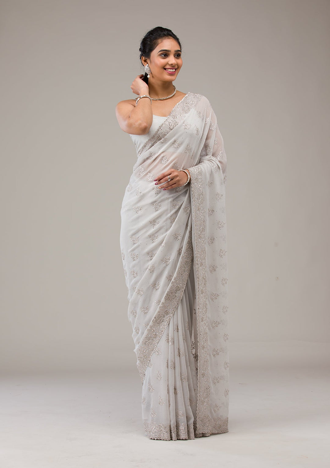 Light Grey Silver Stonework Georgette Saree-Koskii