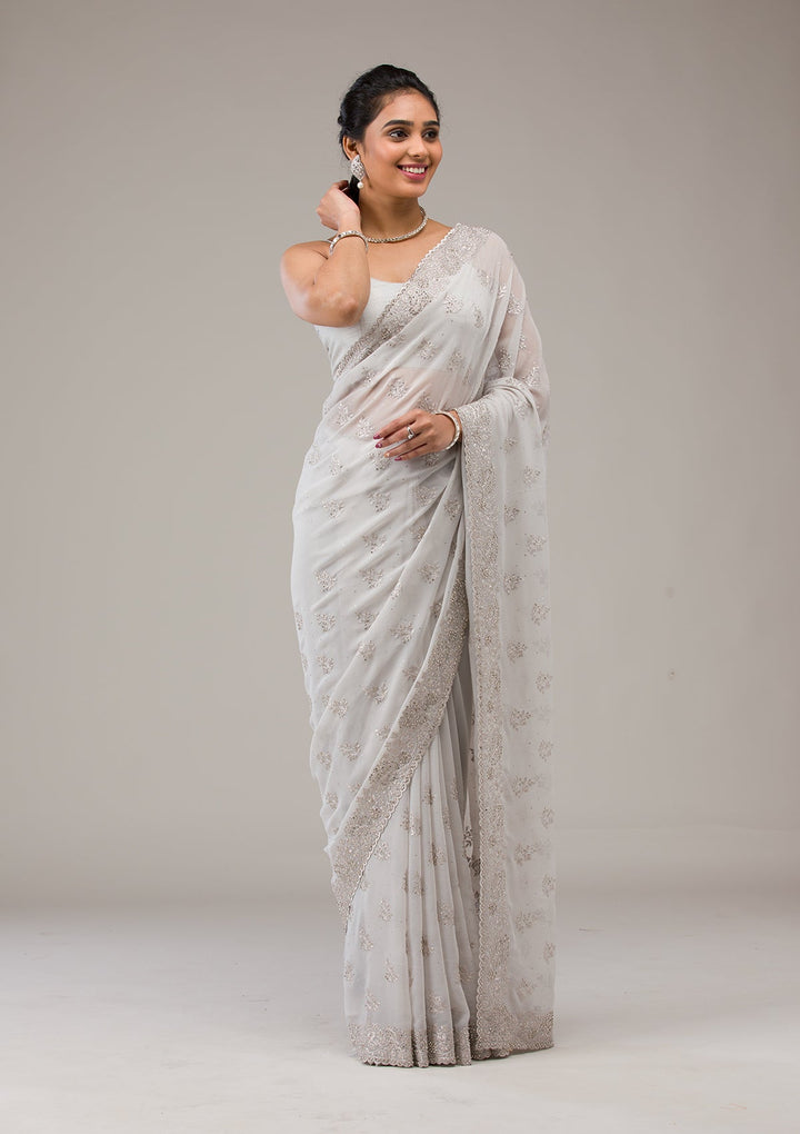 Light Grey Silver Stonework Georgette Saree-Koskii