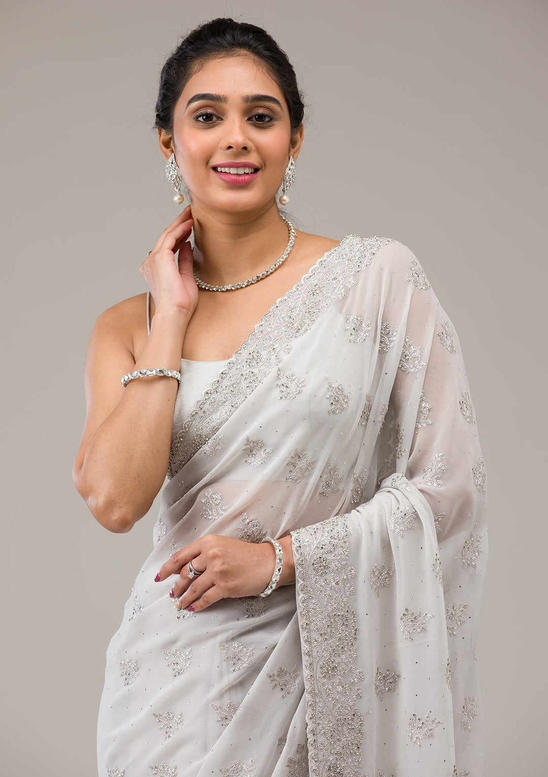 Baby Pink Silver Stonework Georgette Saree-Koskii