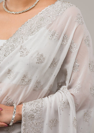 Light Grey Silver Stonework Georgette Saree-Koskii