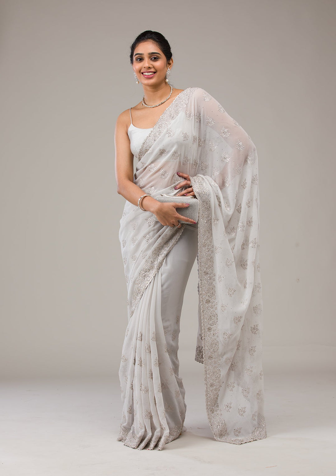 Baby Pink Silver Stonework Georgette Saree-Koskii