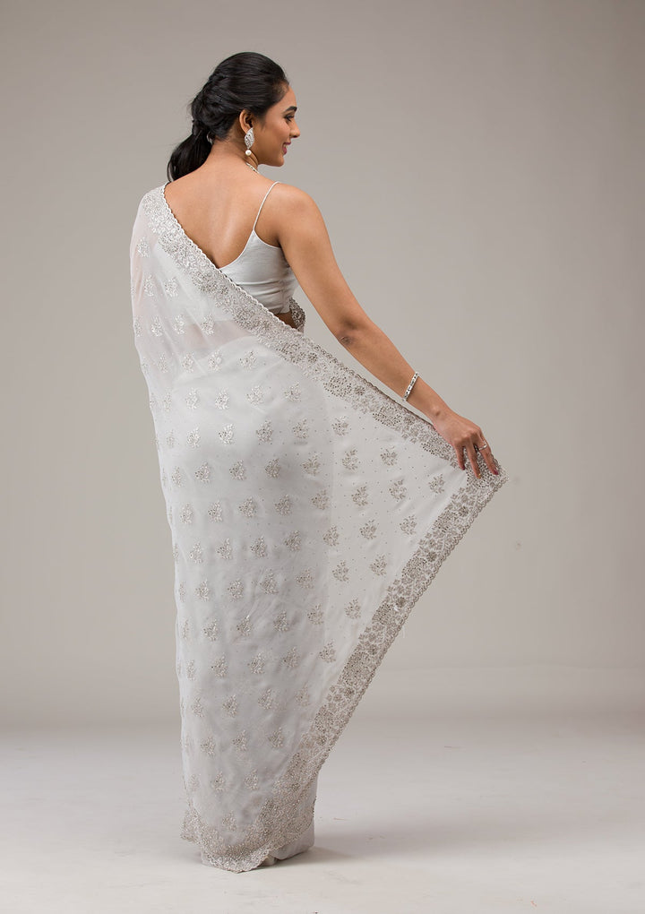 Baby Pink Silver Stonework Georgette Saree-Koskii