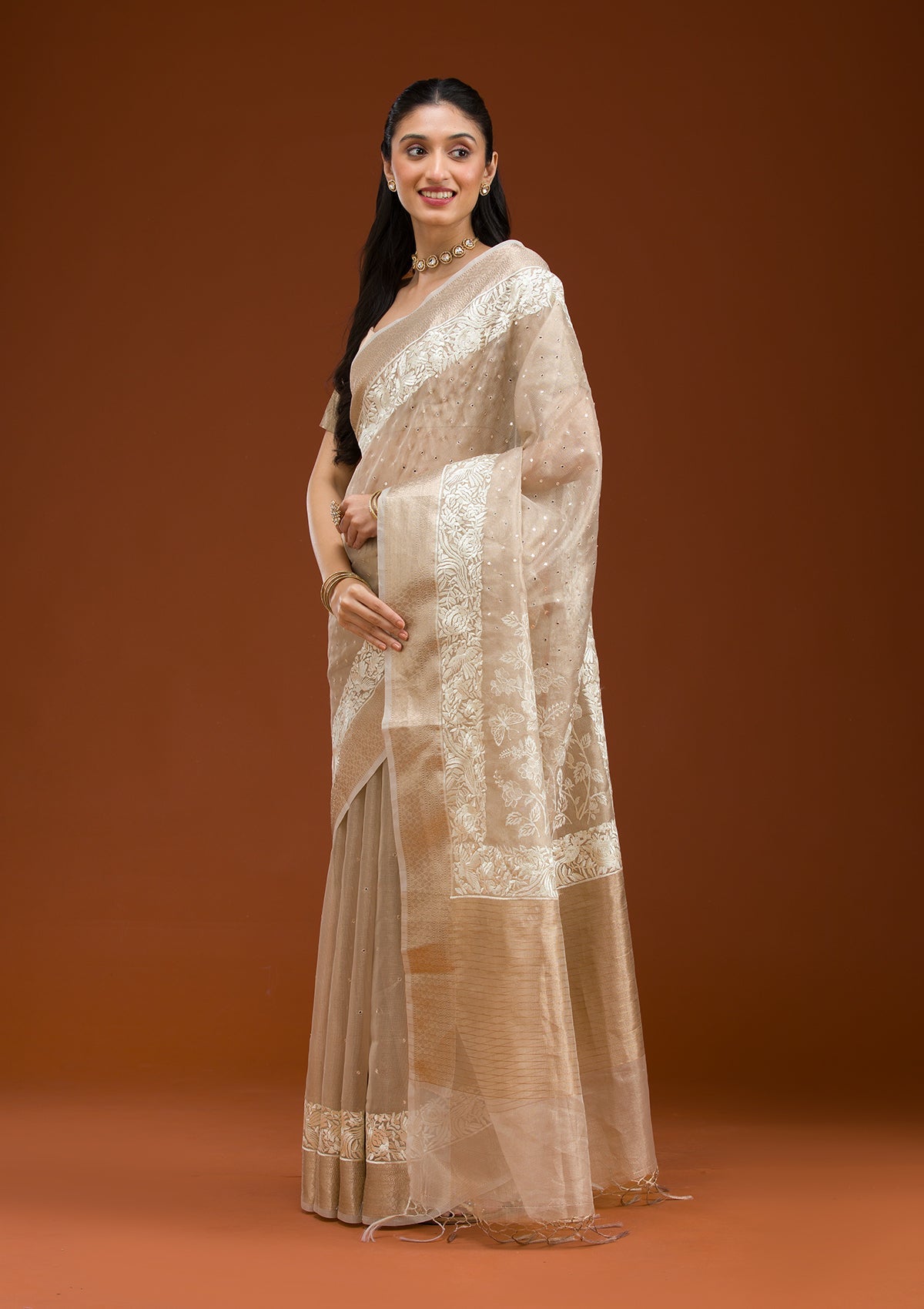 Gold Silver Zariwork Tissue Saree-Koskii