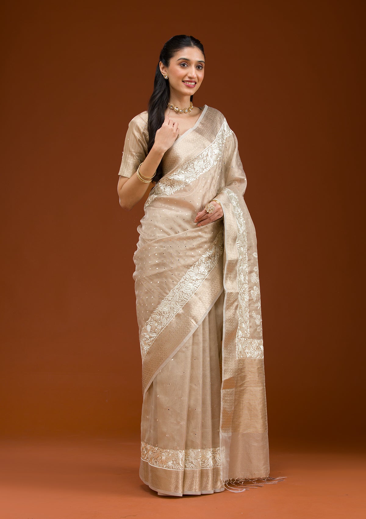 Gold Silver Zariwork Tissue Saree-Koskii