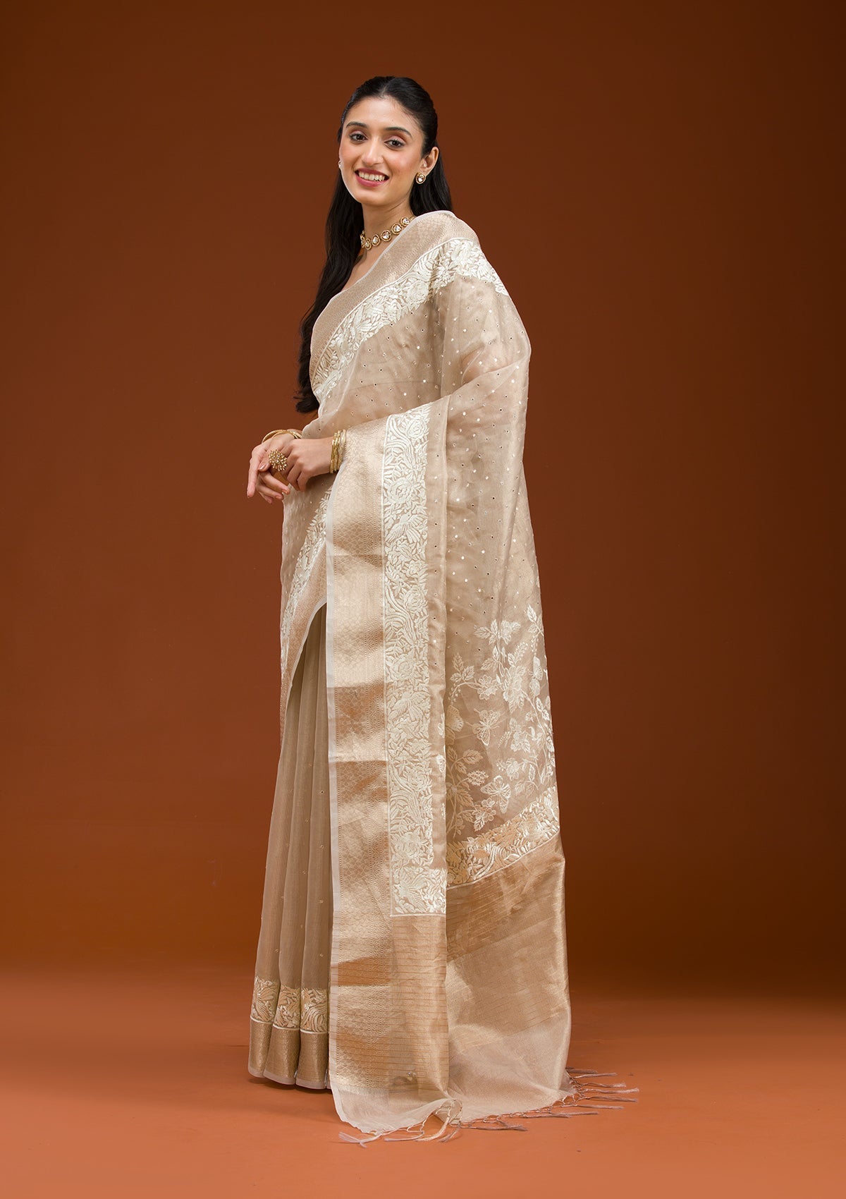 Gold Silver Zariwork Tissue Saree-Koskii