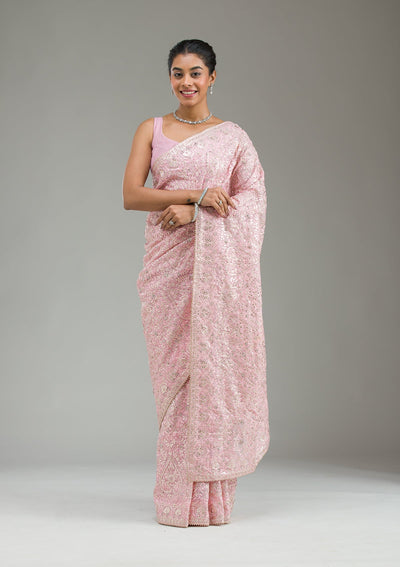 Baby Pink Threadwork Tissue Saree-Koskii