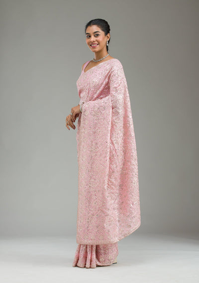 Baby Pink Threadwork Tissue Saree-Koskii