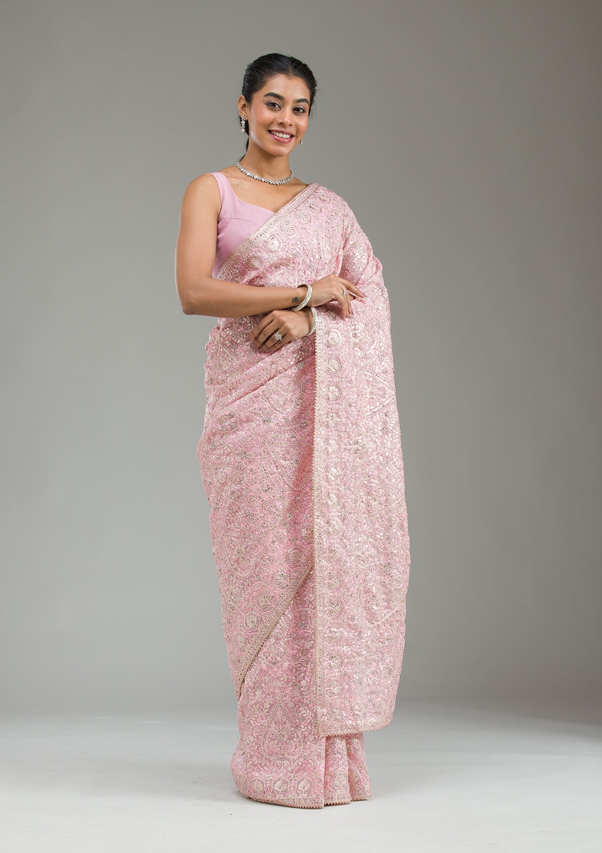 Baby Pink Threadwork Tissue Saree-Koskii