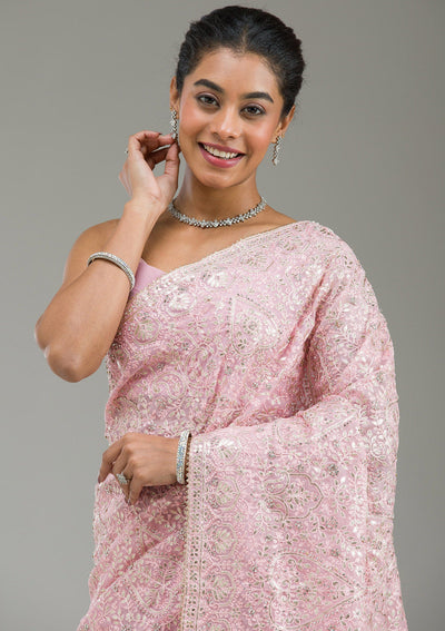 Baby Pink Threadwork Tissue Saree-Koskii