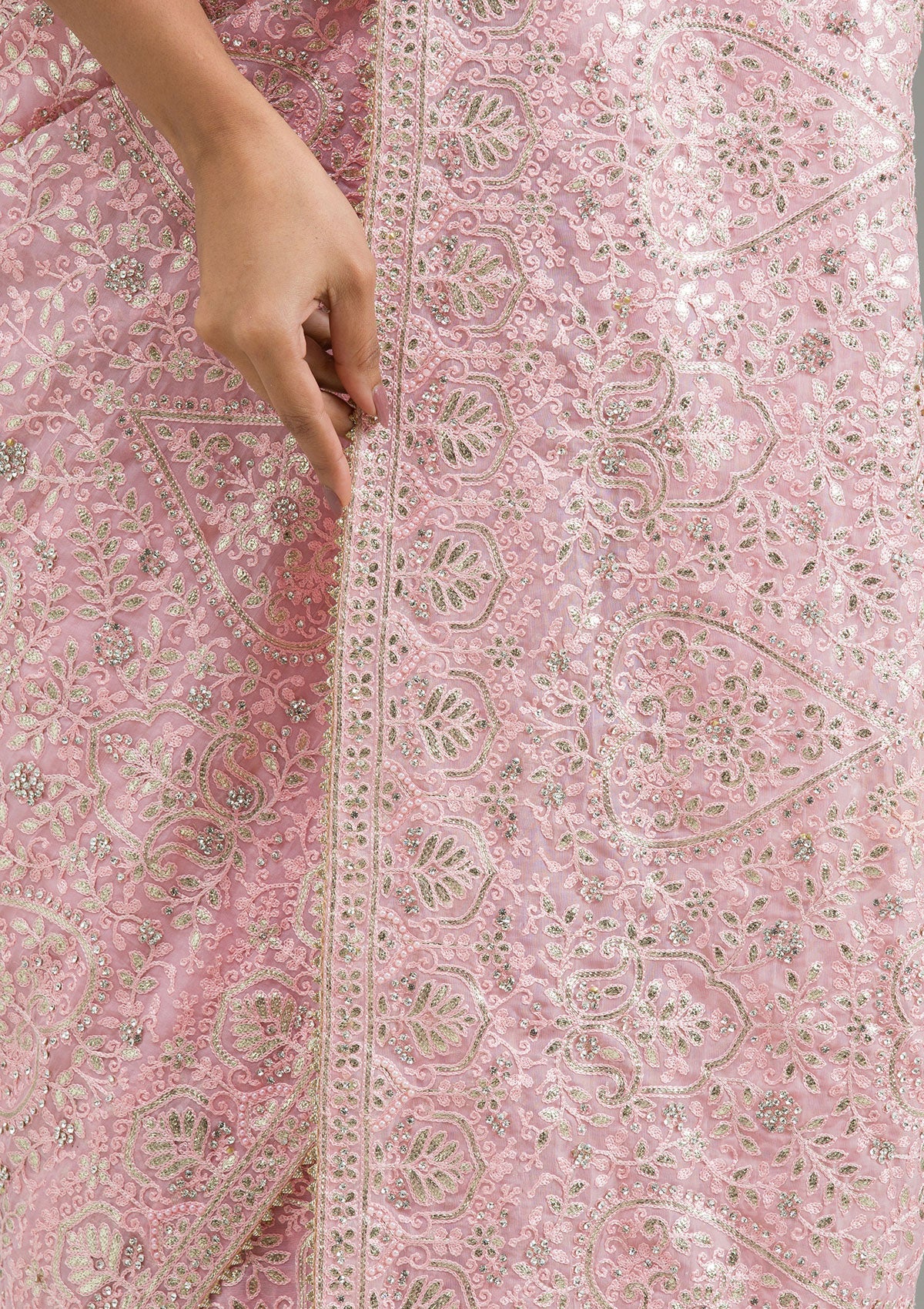 Baby Pink Threadwork Tissue Saree-Koskii