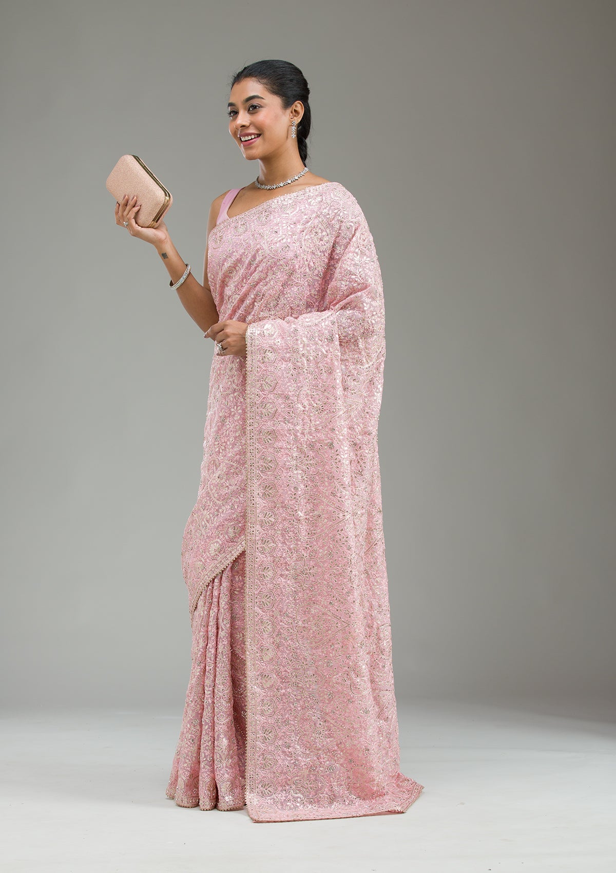 Baby Pink Threadwork Tissue Saree-Koskii