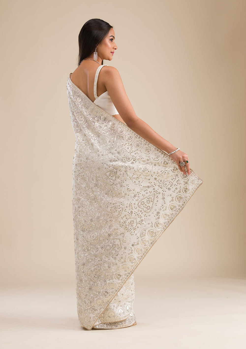 Beige Printed Art Silk Saree-Koskii