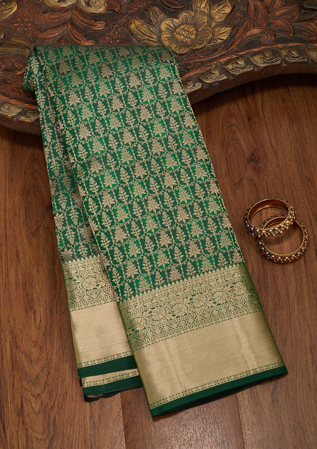 Bottle Green Zariwork Pure Silk Saree-koskii