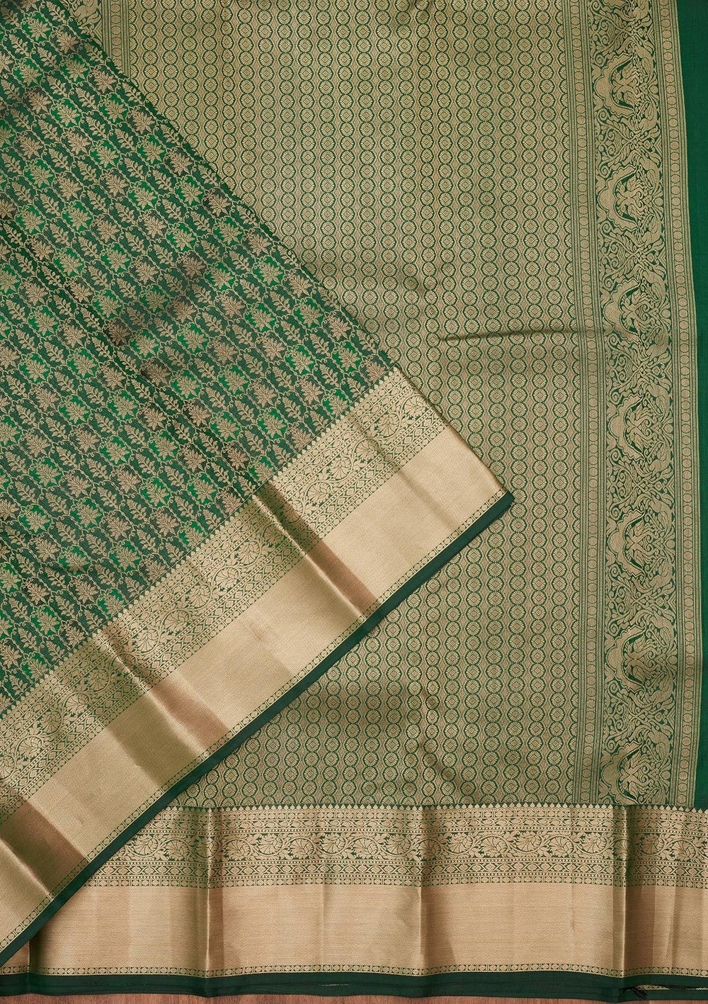 Bottle Green Zariwork Pure Silk Saree-koskii