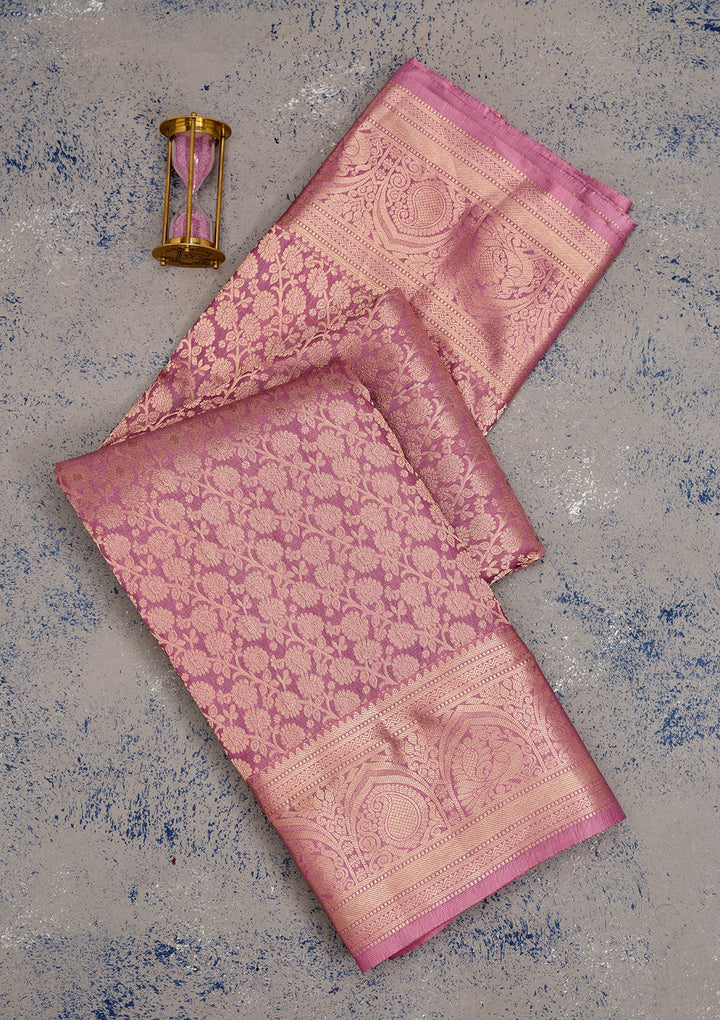 Onion Pink Zariwork Pure Silk Saree-Koskii