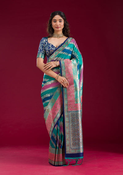 Royal Blue Swarovski Raw Silk Saree-Koskii