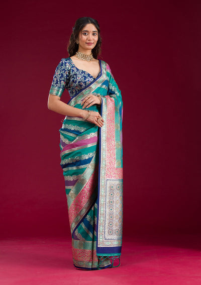 Royal Blue Swarovski Raw Silk Saree-Koskii