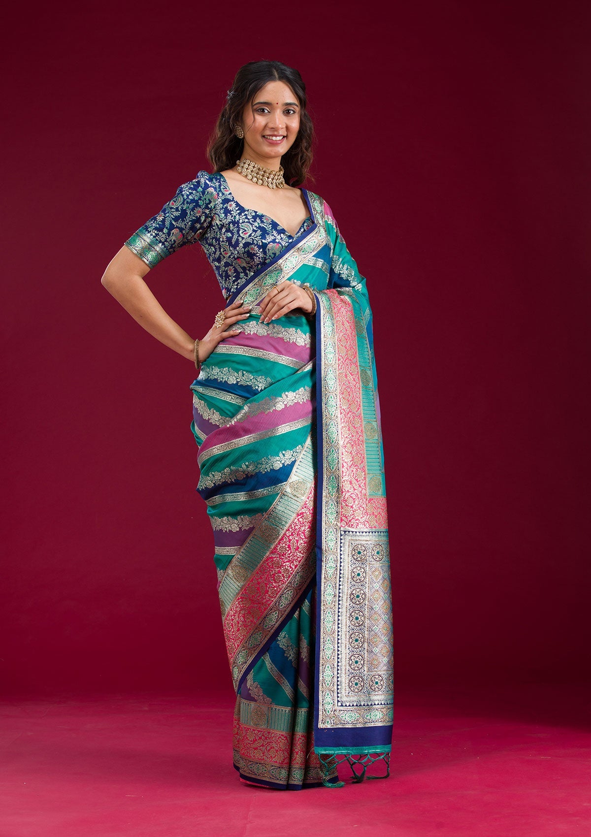 Royal Blue Swarovski Raw Silk Saree-Koskii