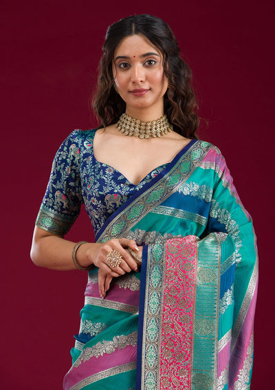 Royal Blue Swarovski Raw Silk Saree-Koskii