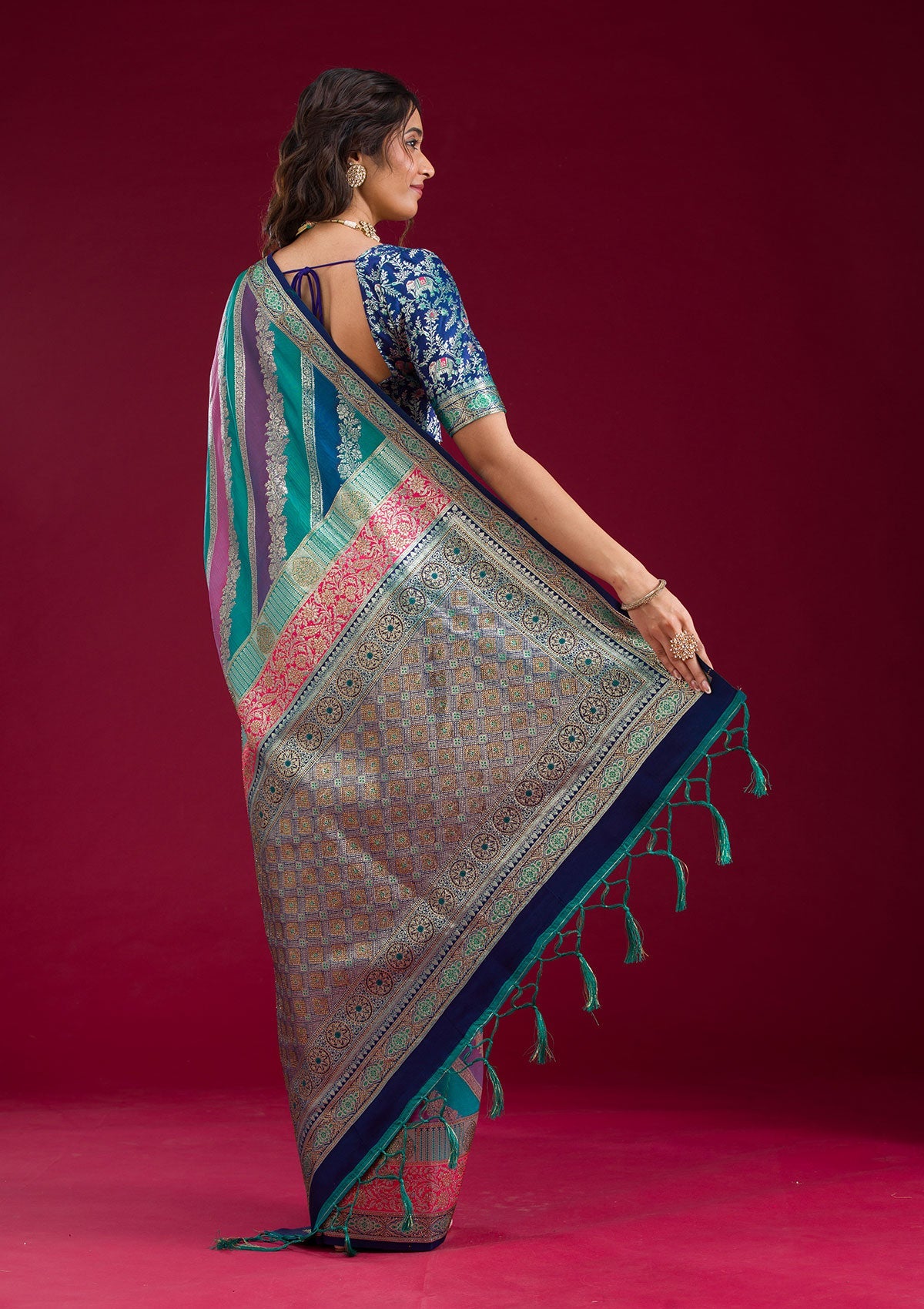 Royal Blue Swarovski Raw Silk Saree-Koskii