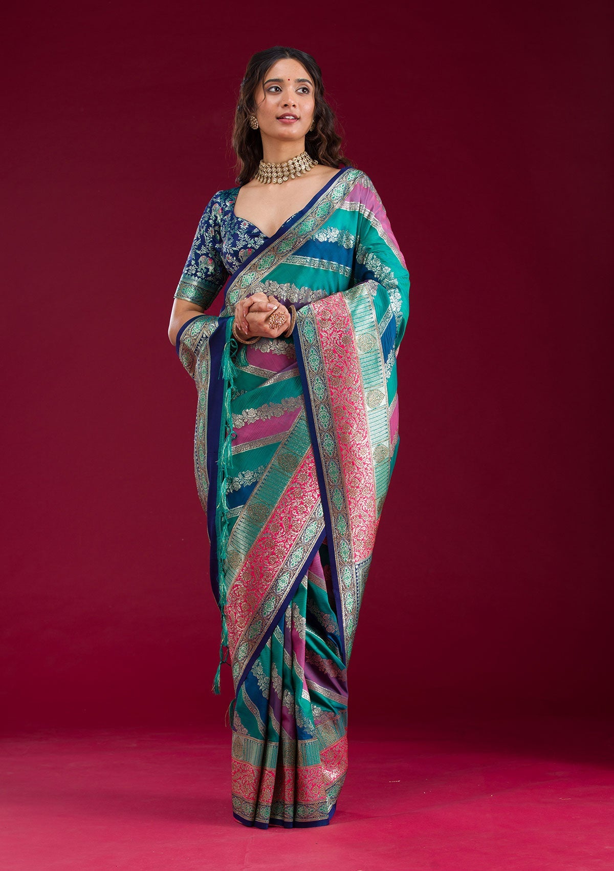 Royal Blue Swarovski Raw Silk Saree-Koskii