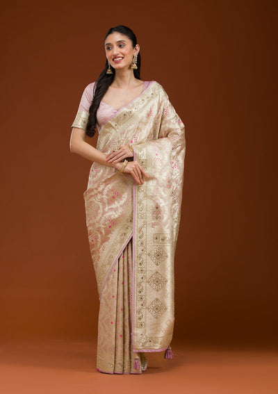 Lavender Swarovski Raw Silk Saree-Koskii