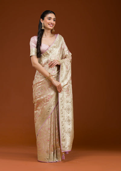 Lavender Swarovski Raw Silk Saree-Koskii