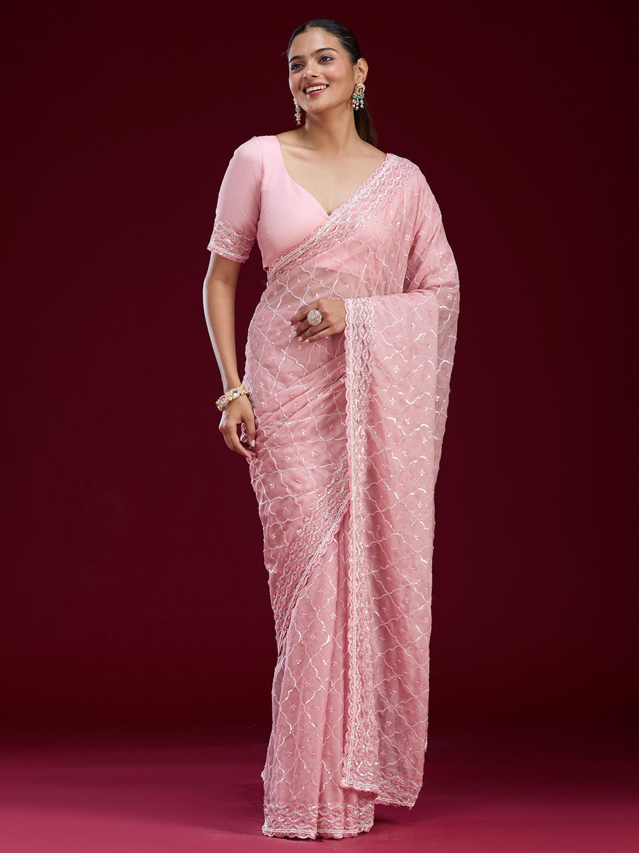 Pink Sequins Tissue Saree