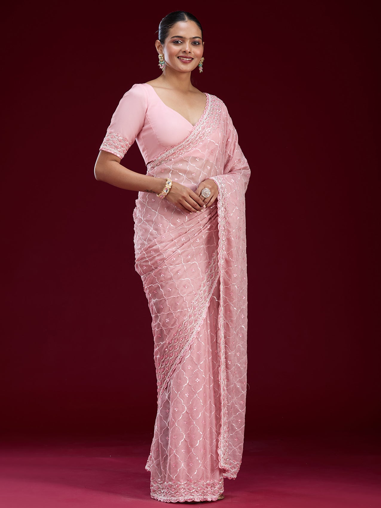 Pink Sequins Tissue Saree