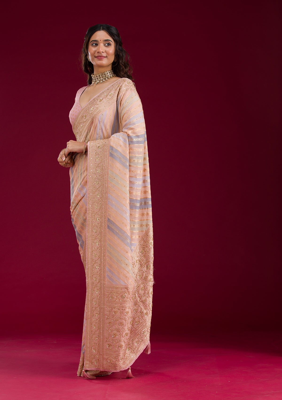 Beige Plain Georgette Saree-Koskii