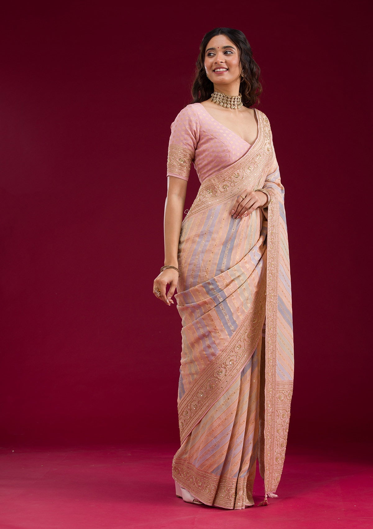 Beige Plain Georgette Saree-Koskii