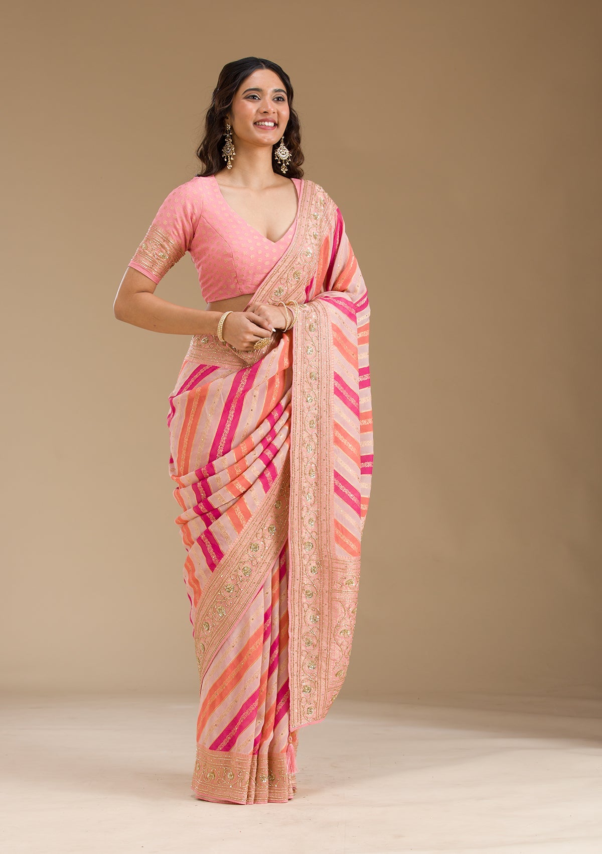 Pink Plain Georgette Saree-Koskii