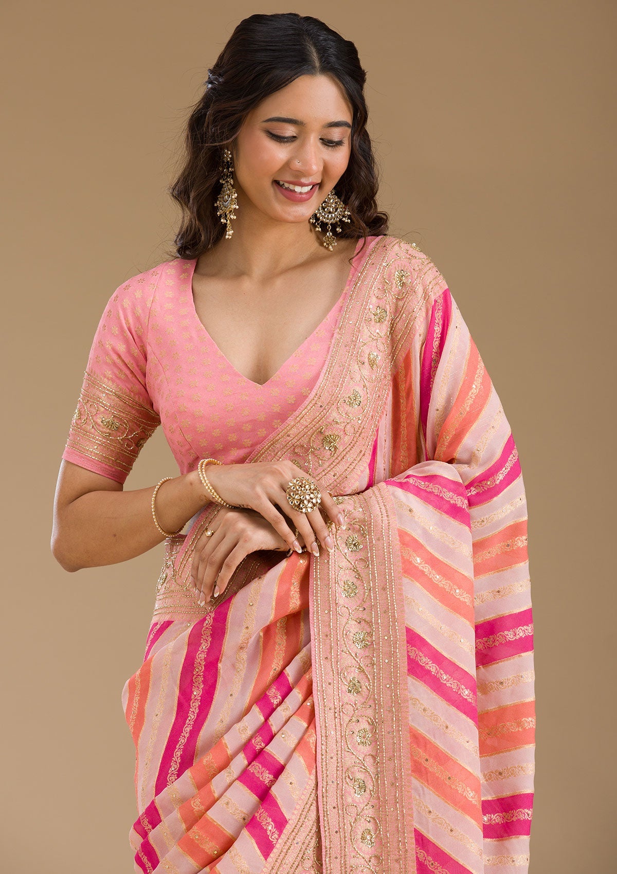 Pink Plain Georgette Saree-Koskii