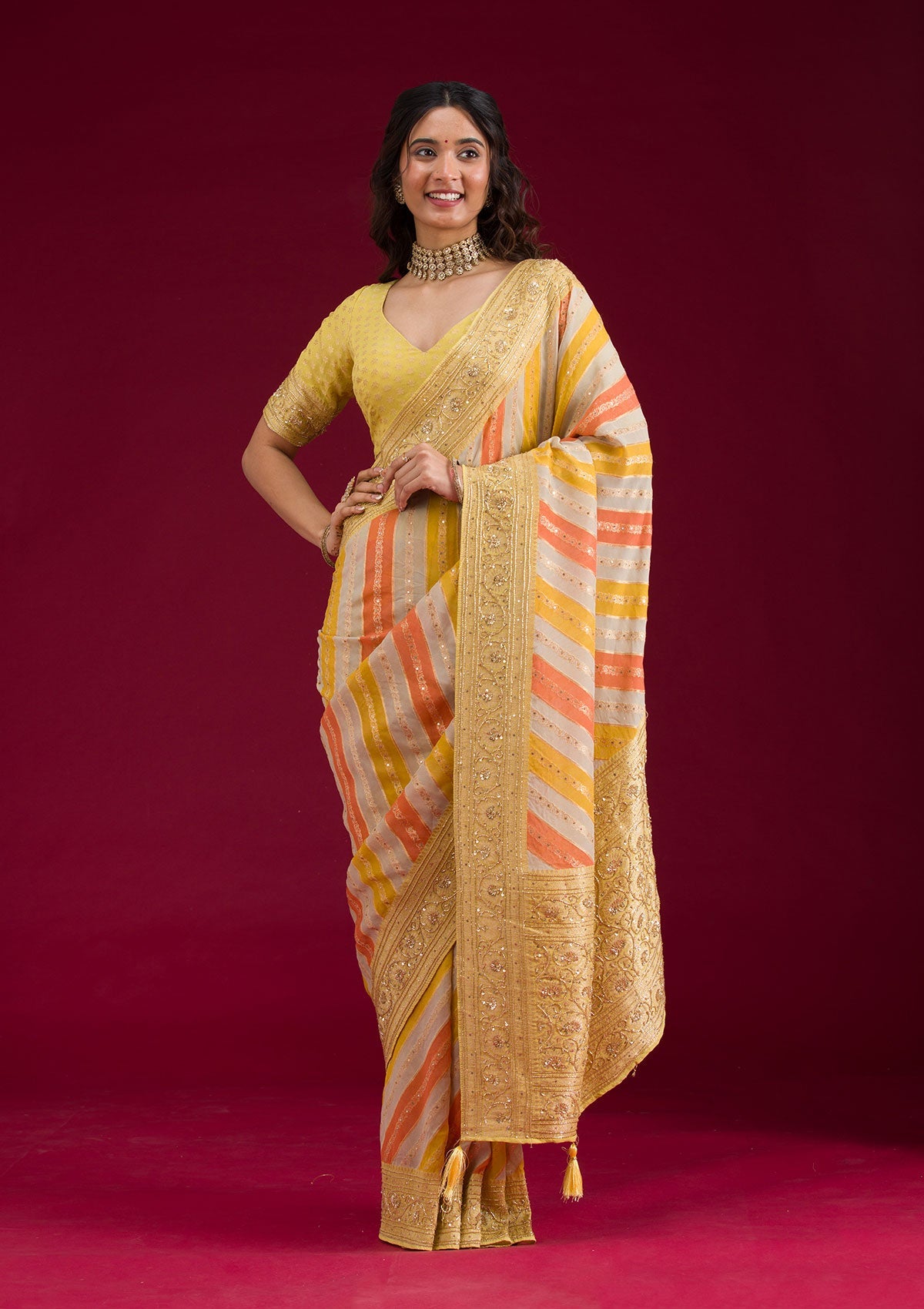 Yellow Plain Georgette Saree-Koskii