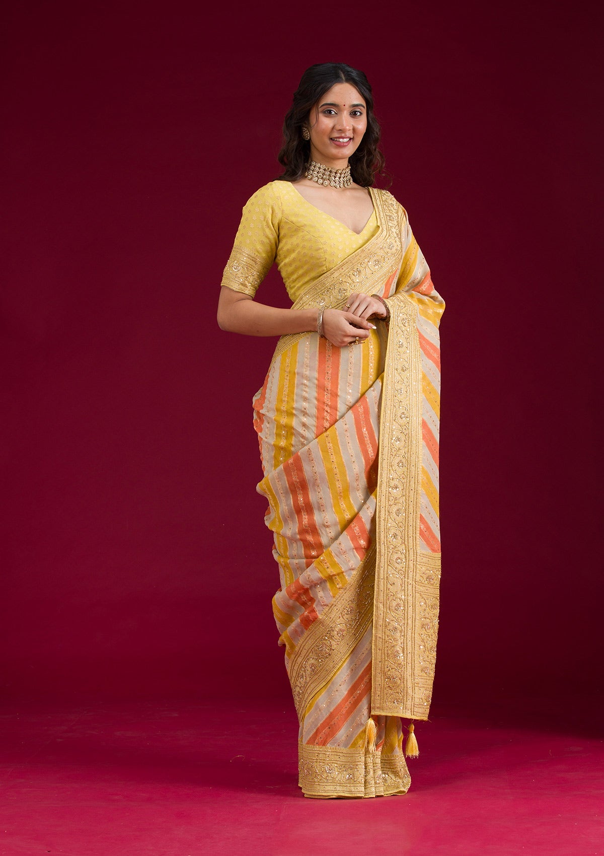 Yellow Plain Georgette Saree-Koskii