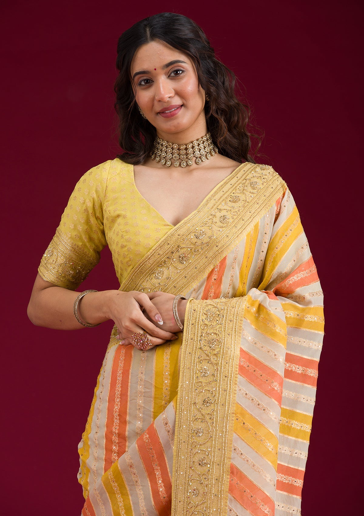 Yellow Plain Georgette Saree-Koskii