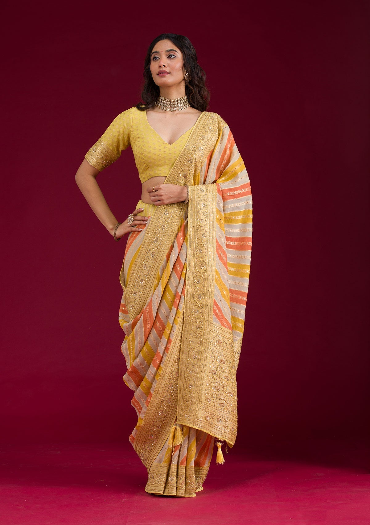 Yellow Plain Georgette Saree-Koskii