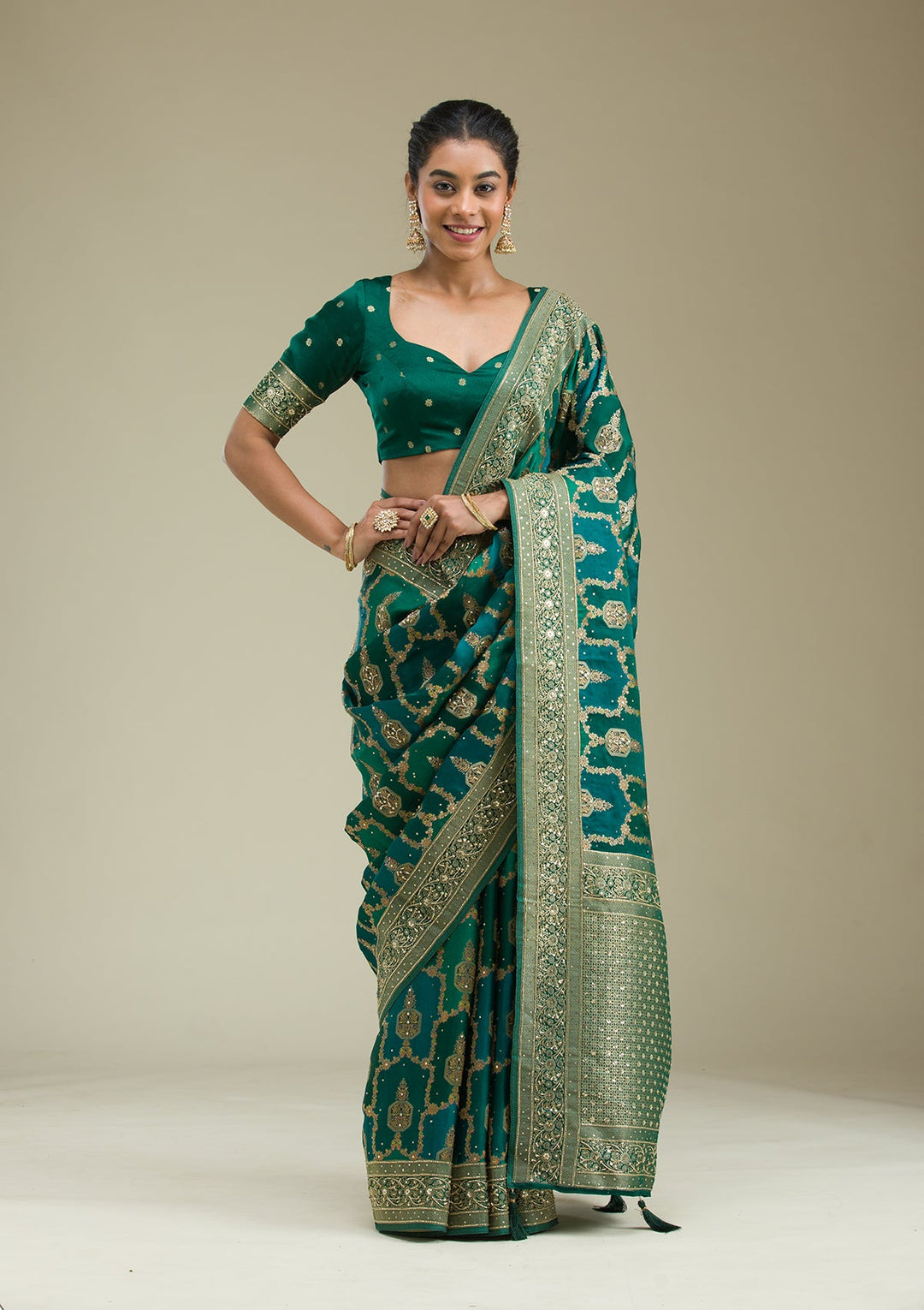 Bottle Green Plain Art Silk Saree-Koskii