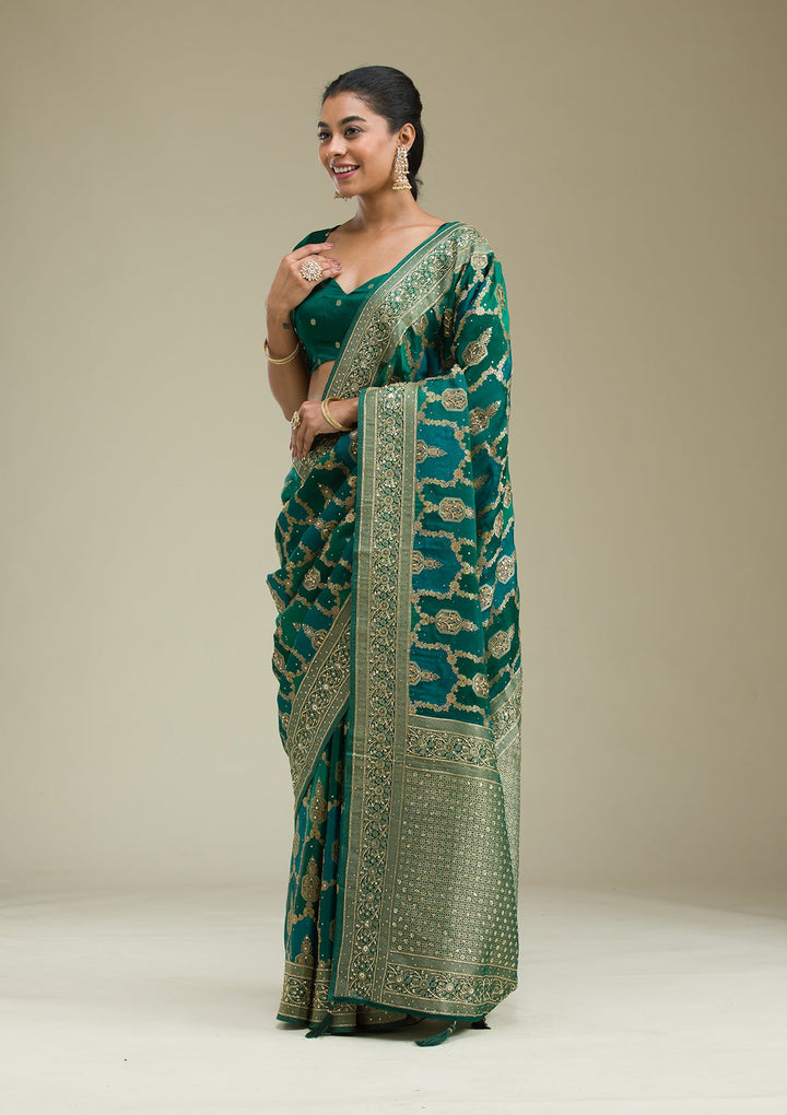 Bottle Green Plain Art Silk Saree-Koskii