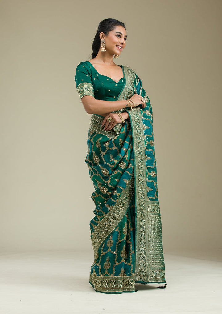 Bottle Green Plain Art Silk Saree-Koskii