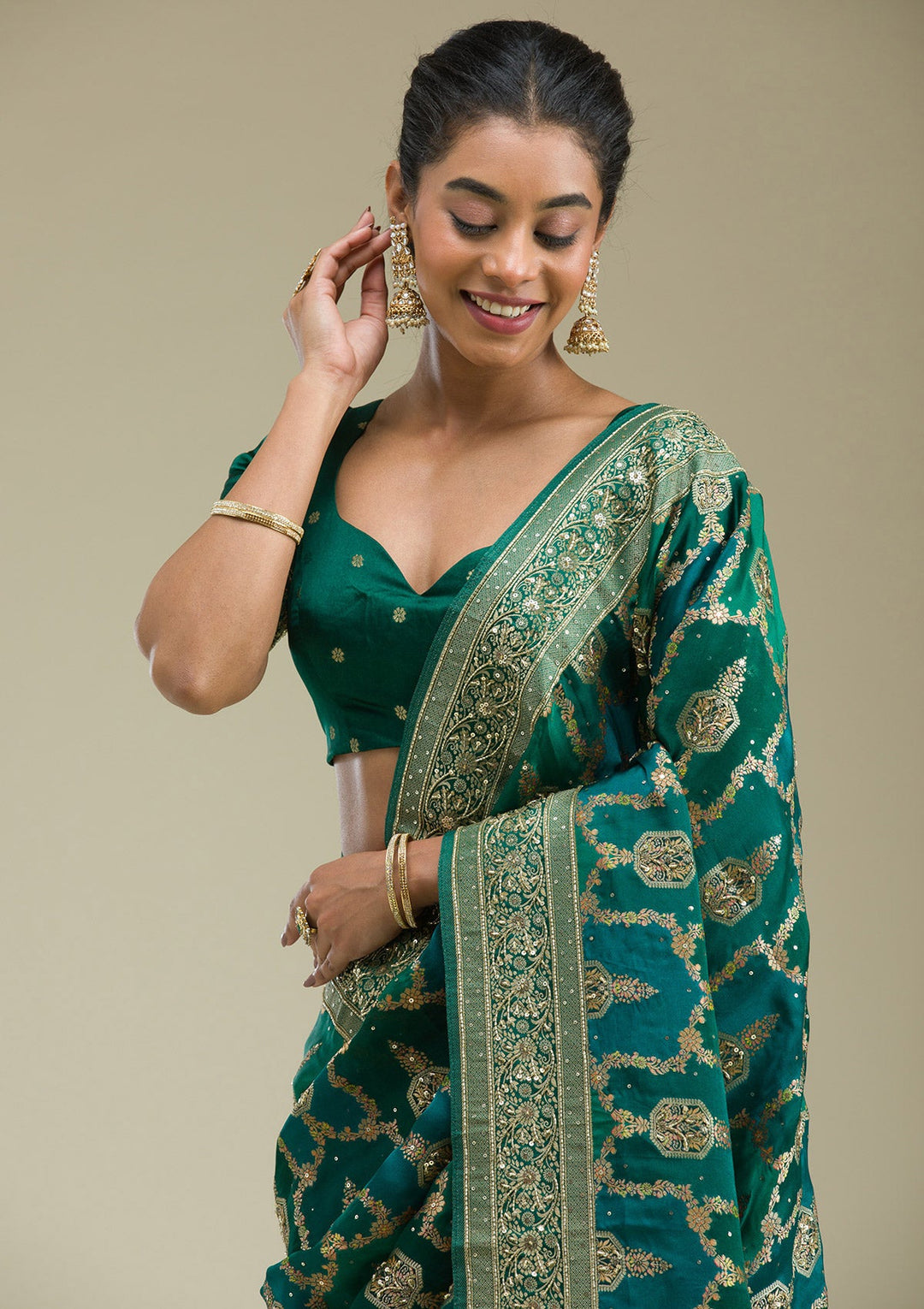 Bottle Green Plain Art Silk Saree-Koskii