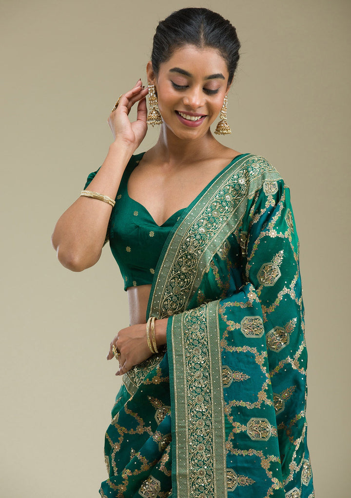 Bottle Green Plain Art Silk Saree-Koskii