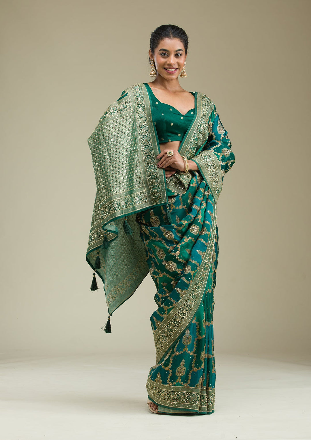 Bottle Green Plain Art Silk Saree-Koskii