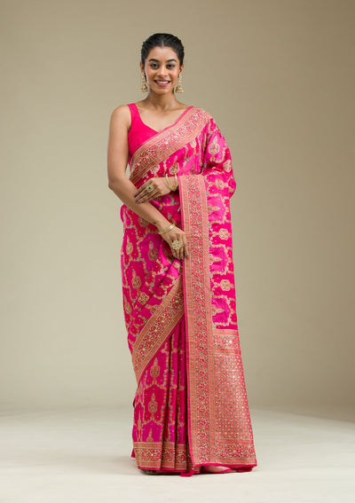 Rani Pink Plain Art Silk Saree-Koskii