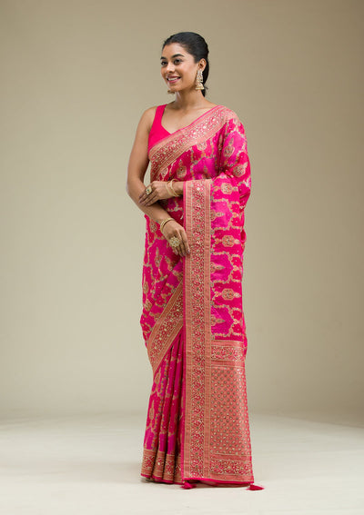 Rani Pink Plain Art Silk Saree-Koskii